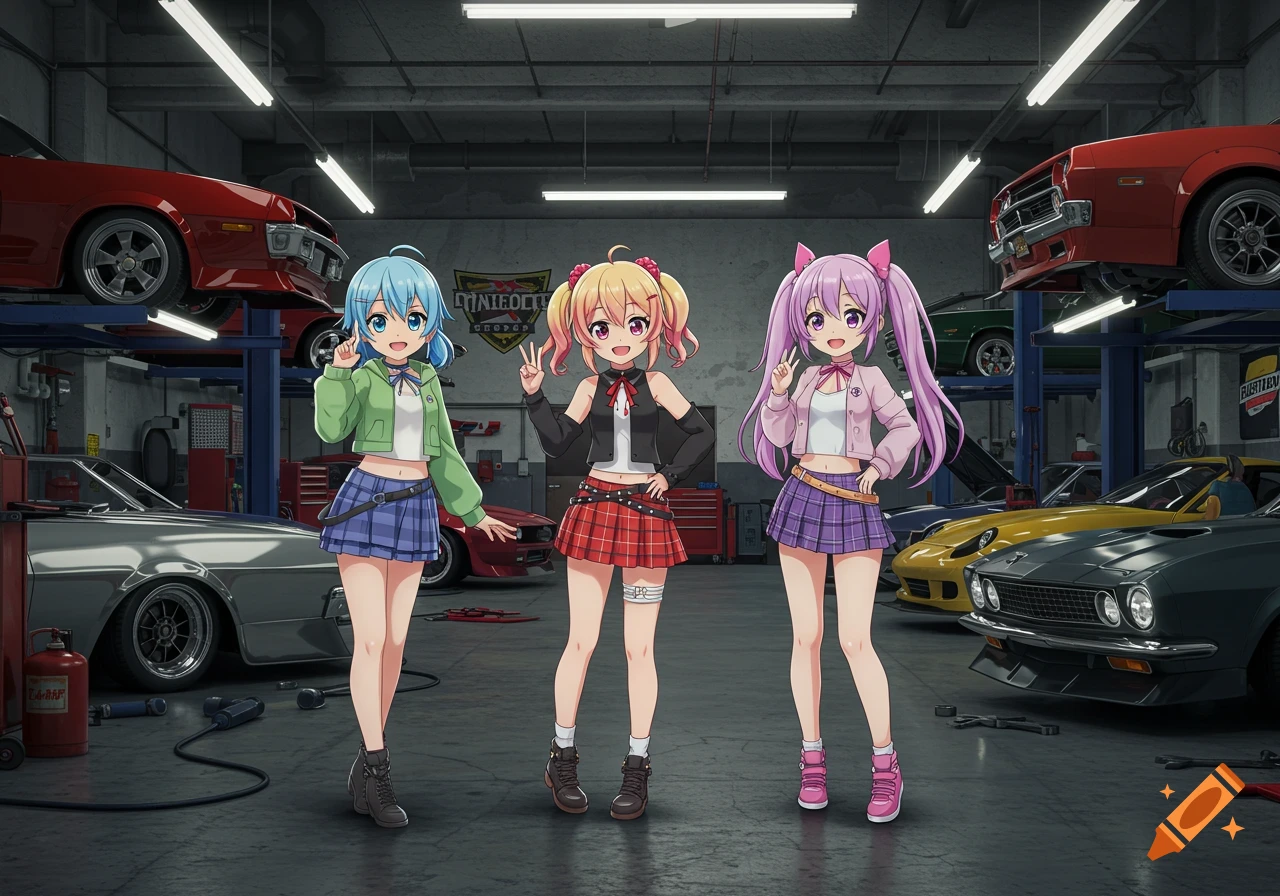 Three anime girls in a colorful garage with several classic cars on lifts and the floor, smiling and posing.