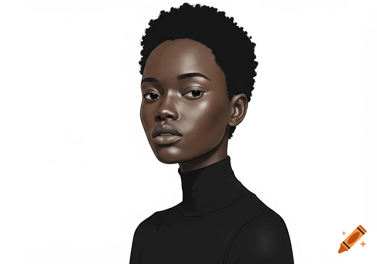 Minimalist stylized illustration portrait of a black woman with short curly hair and dark skin, wearing a black turtleneck.