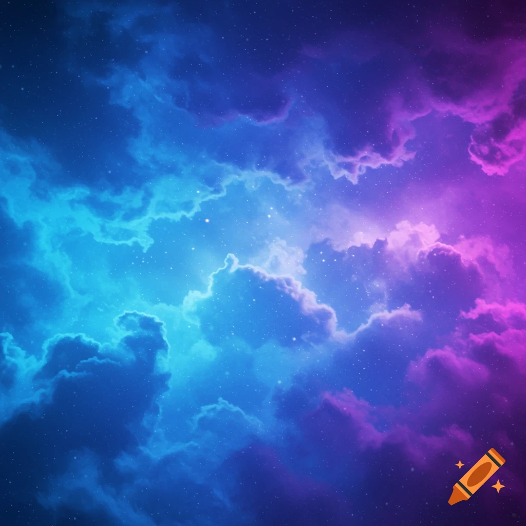 Vibrant blue and purple nebula-like clouds with scattered stars in a cosmic background.