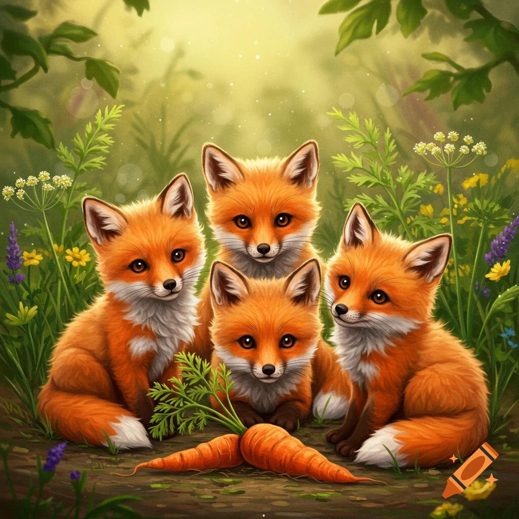 Four cute baby foxes with carrots in a lush green forest, digital art style.