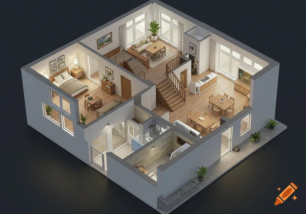 An isometric 3D floor plan of a modern two-story house, detailing living spaces, kitchen, bedrooms, and bathrooms.