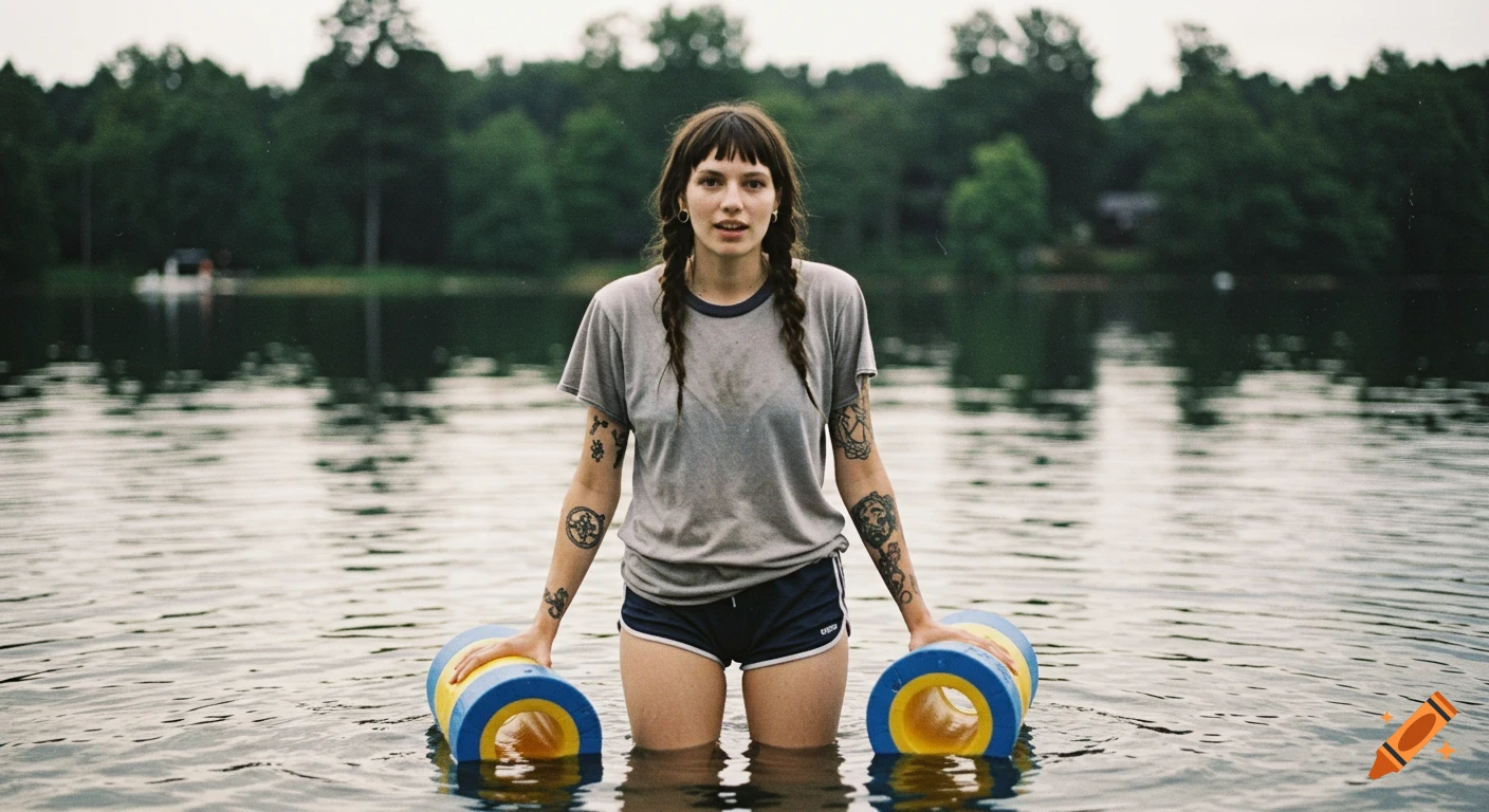 A young woman with braided pigtails and tattoos stands in a lake, holding two yellow and blue floatation devices, with a forested background.