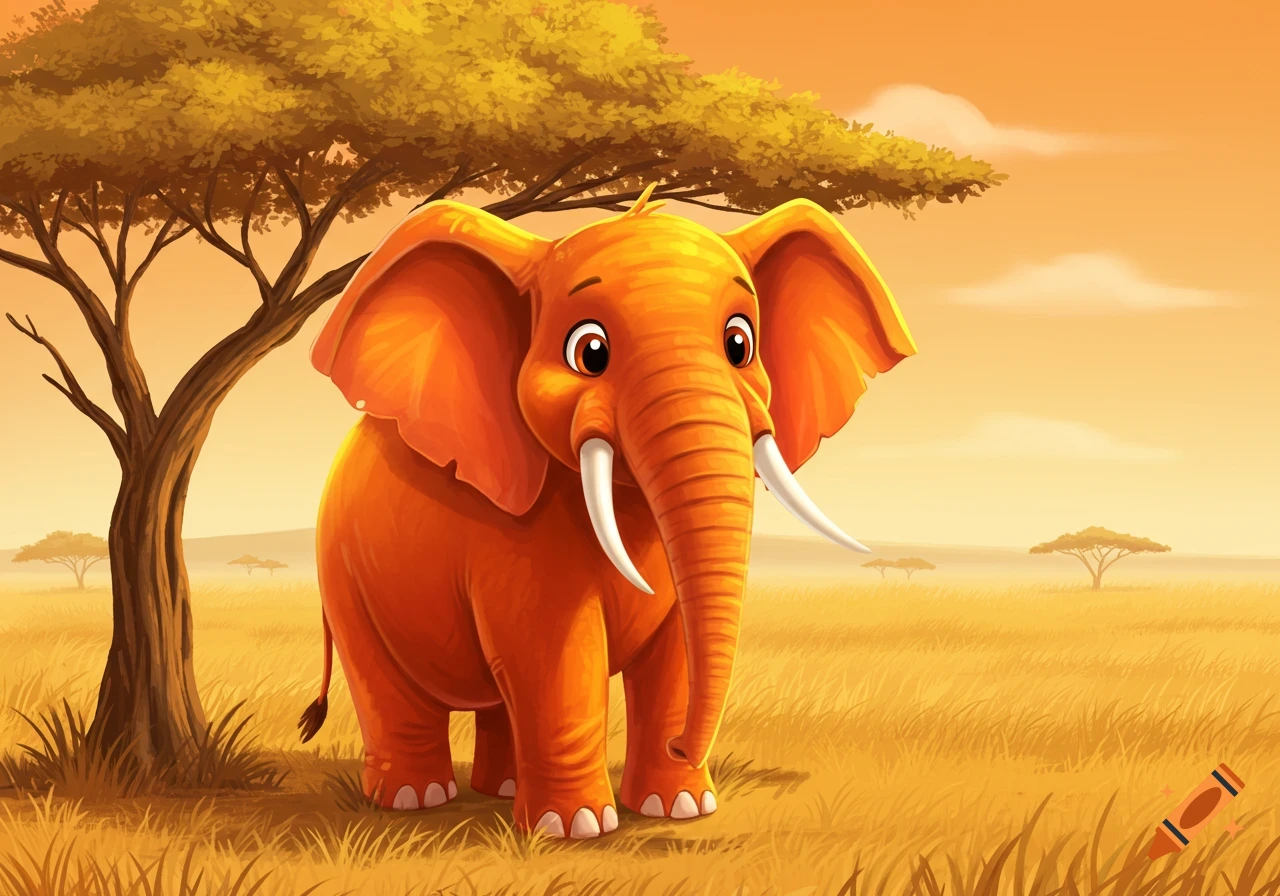 A cartoon orange elephant with tusks stands in a golden savanna with acacia trees under an orange sky.