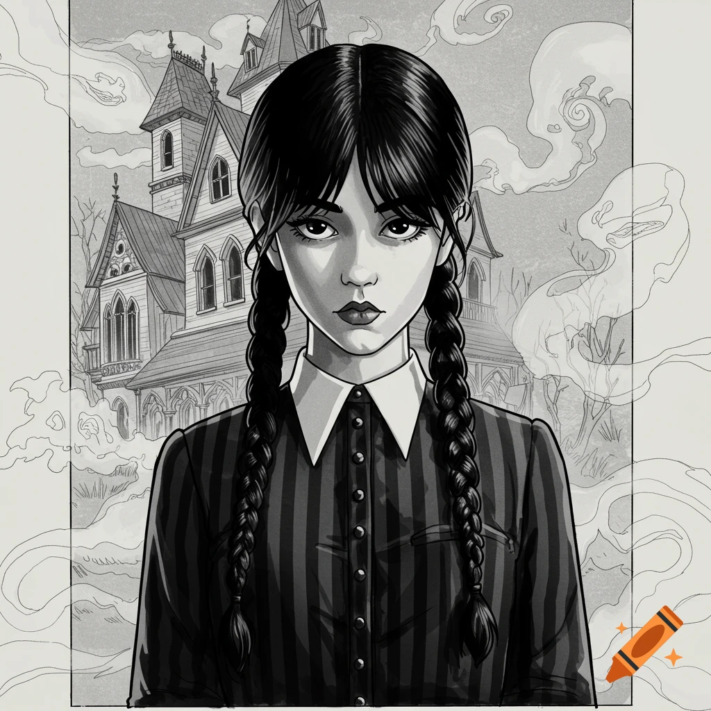 Black and white illustration of Wednesday Addams standing in front of a spooky mansion.