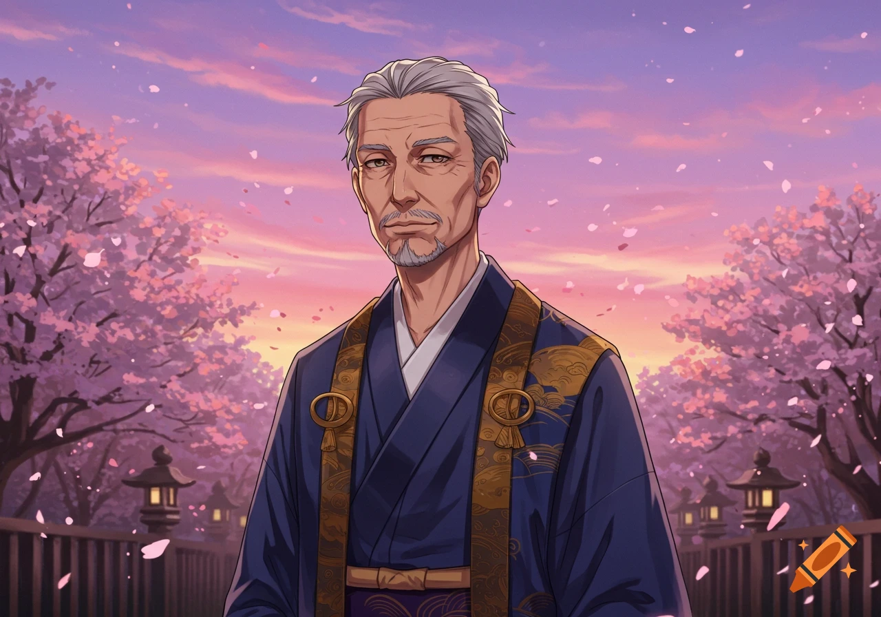 Anime portrait of a dignified middle-aged man in traditional Japanese attire, standing amidst falling cherry blossoms at sunset.