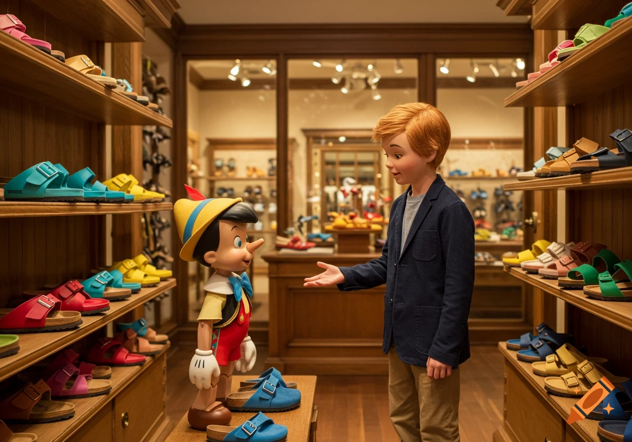 A Pinocchio doll and a boy resembling Christopher Robin stand in a shoe store with colorful sandals on display, photorealistic style.