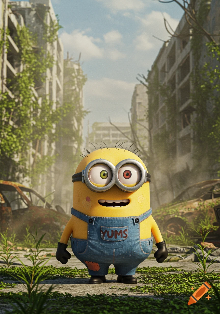 A yellow Minion character with mis-matched eyes and "YUMS" written on its overalls stands in an overgrown, ruined city street under a blue sky.