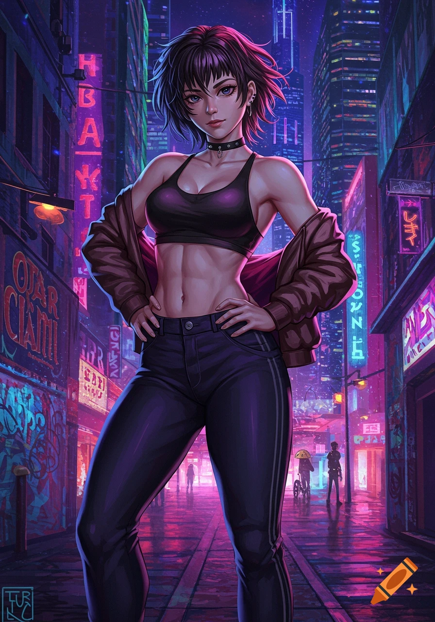 Anime woman with short dark hair, sports bra, jacket, and jeans standing in a neon-lit cyberpunk city street at night.