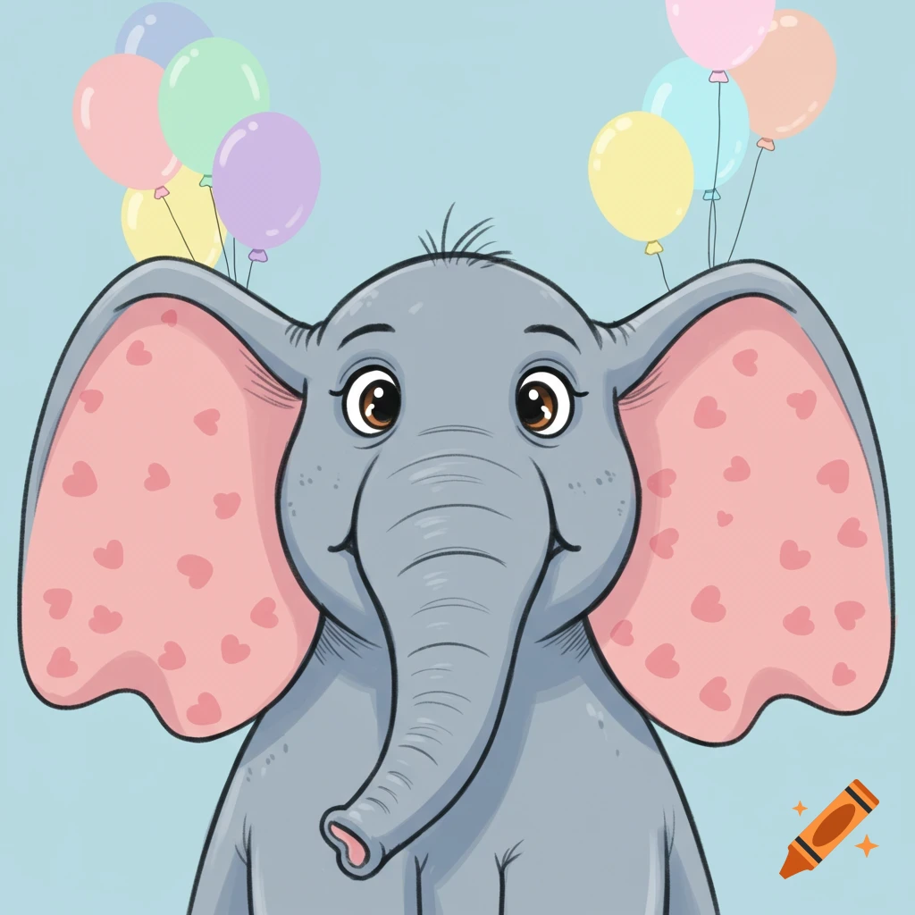 Close-up of a smiling cartoon elephant with large pink ears covered in hearts, holding colorful balloons on a light blue background.