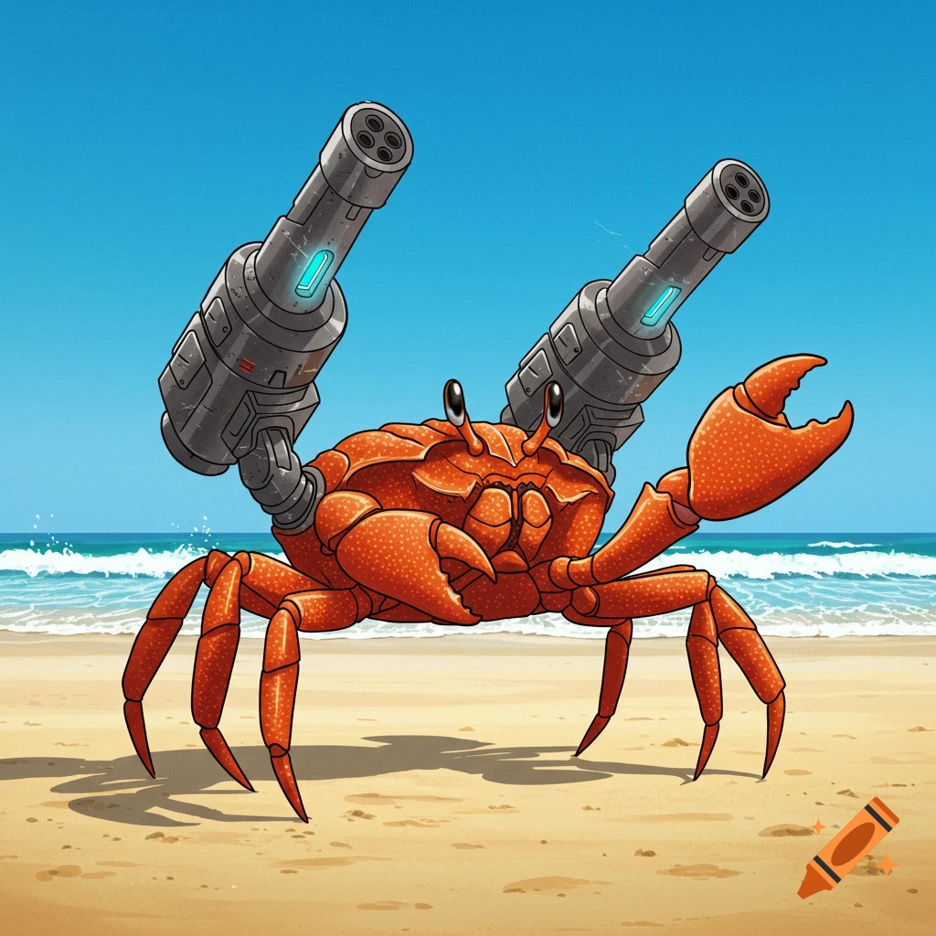 A cartoon red crab with two grey shoulder-mounted rocket launchers stands on a sandy beach.