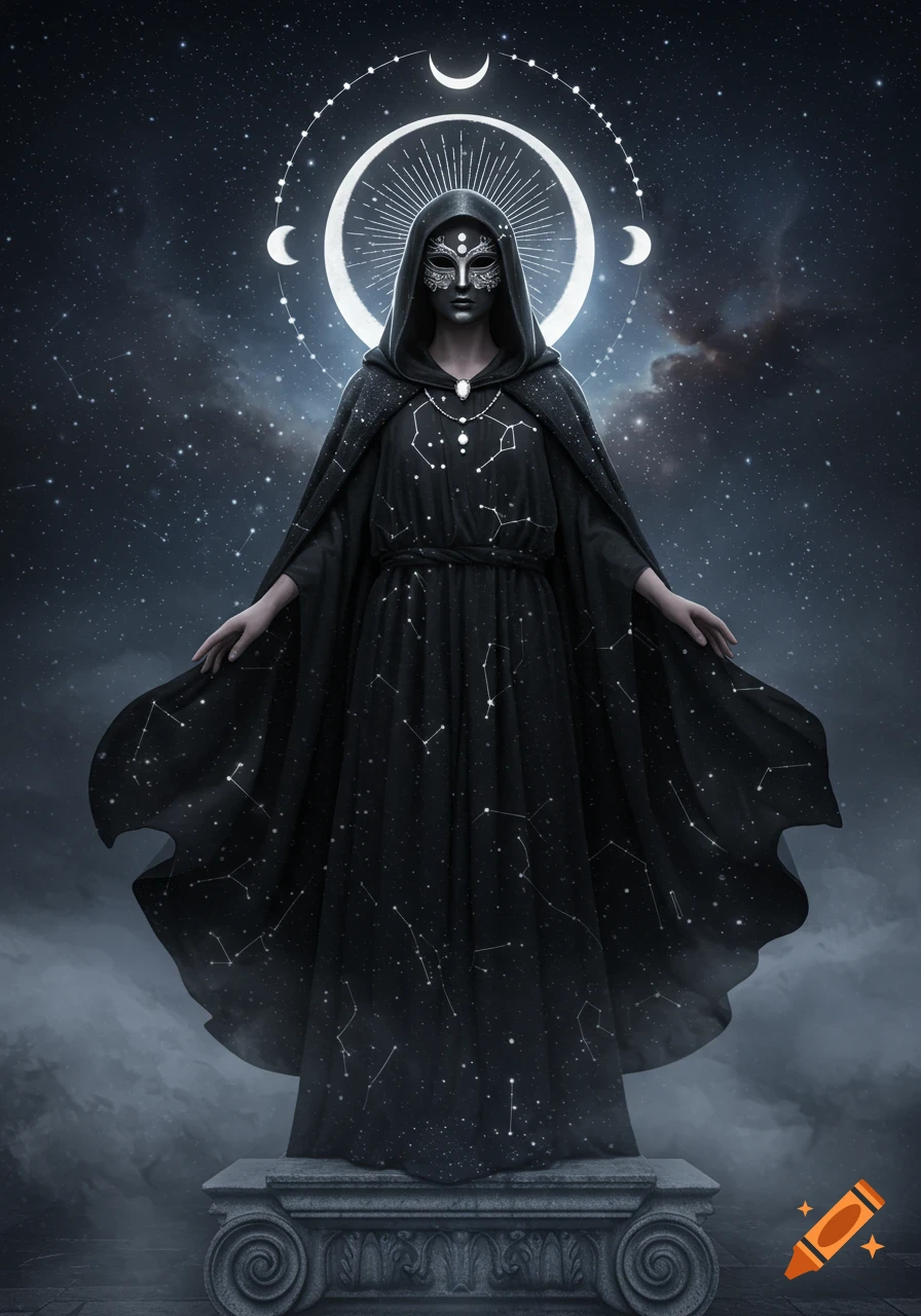 A masked figure in a black, star-patterned hooded cloak stands on a stone pedestal against a starry night sky, with a luminous moon and celestial ring behind her head.