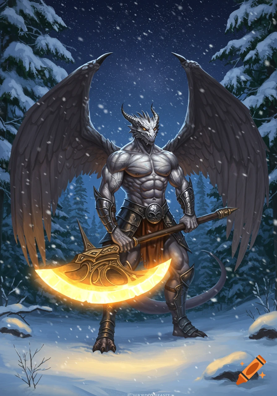 Muscular silver winged dragonborn warrior holds a glowing greataxe in a snowy forest at night, digital art.