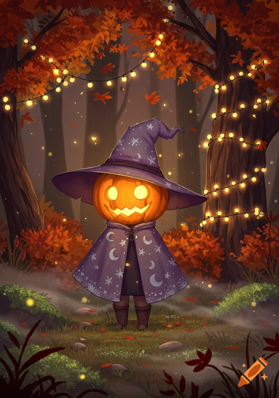 Cute pumpkin-headed character in a purple witch hat and starry cloak stands in an autumn forest with glowing string lights, illustration.