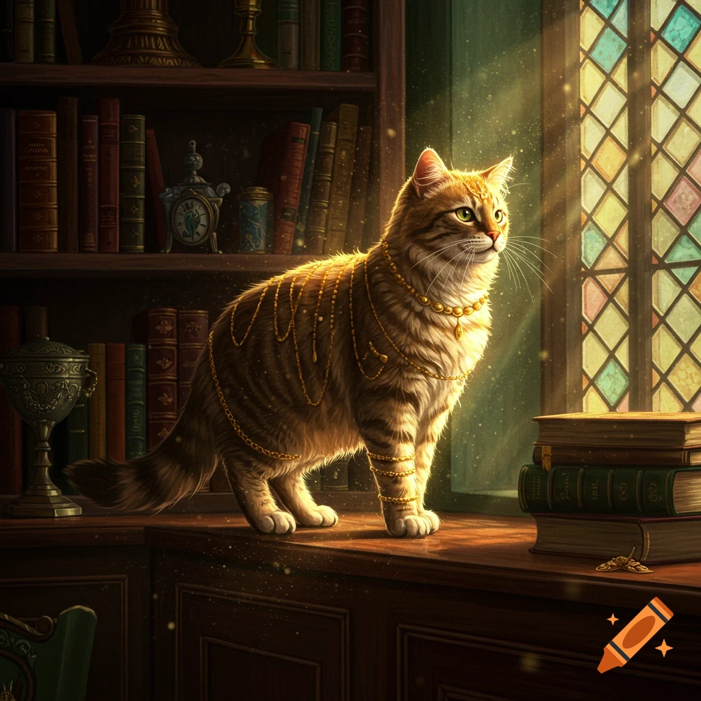 A striped tabby cat with gold chains stands by a sunlit stained-glass window in a rich library setting, looking elegant.