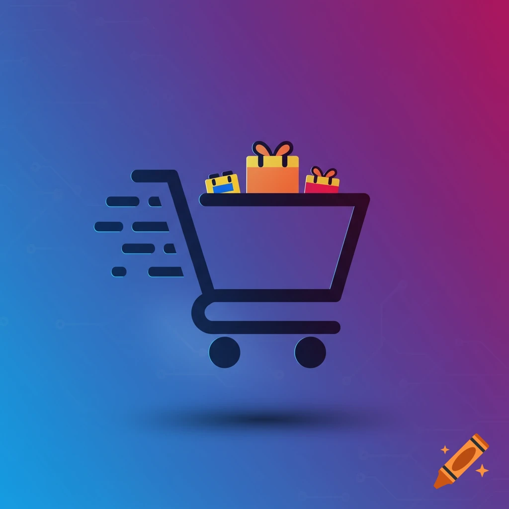 A stylized black outline of a shopping cart filled with colorful gift boxes, depicted in motion on a blue and purple gradient background.