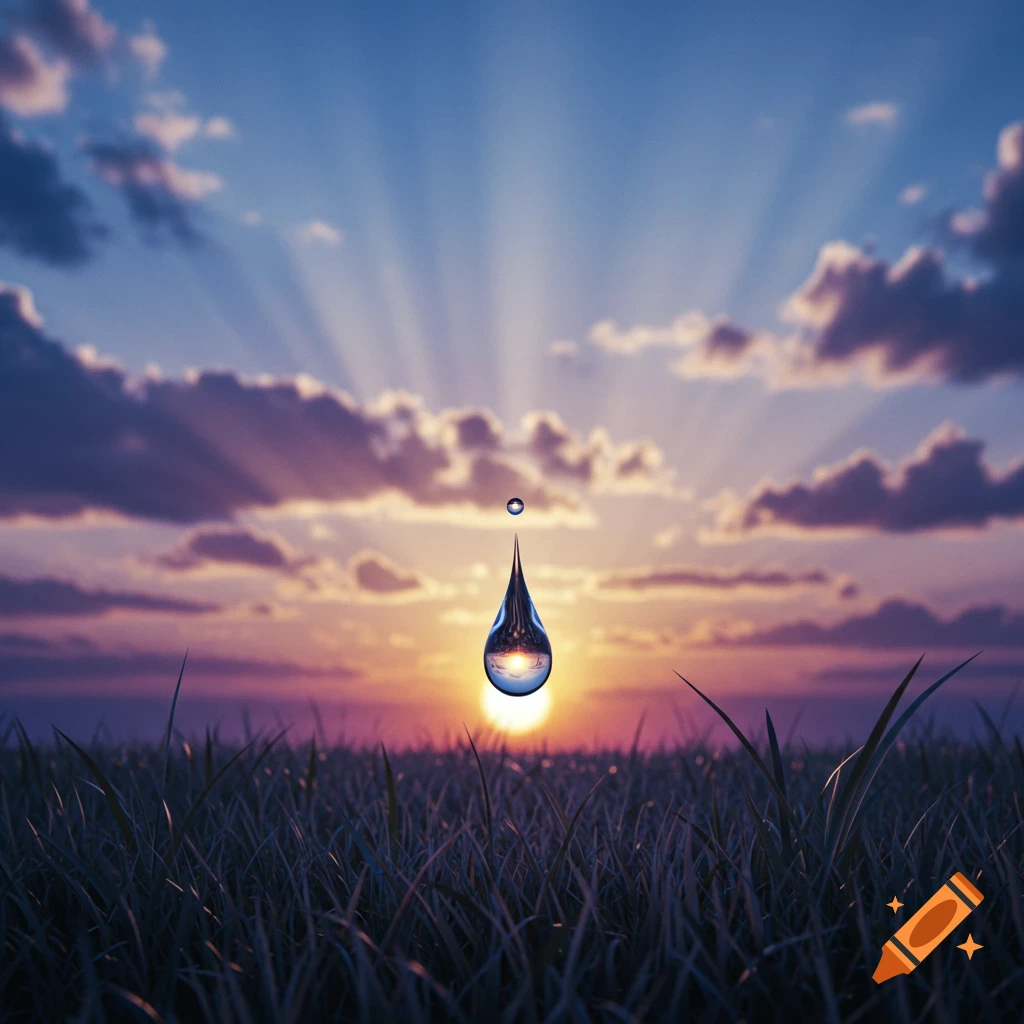 A photorealistic image of a large water droplet reflecting a vibrant sunset, suspended above grass, with a smaller droplet above it.