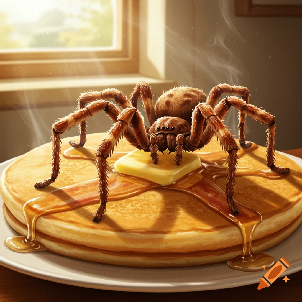 A hairy brown tarantula-like spider with eight legs stands on a stack of golden pancakes with melting butter and syrup, illuminated by sunlight from a window.