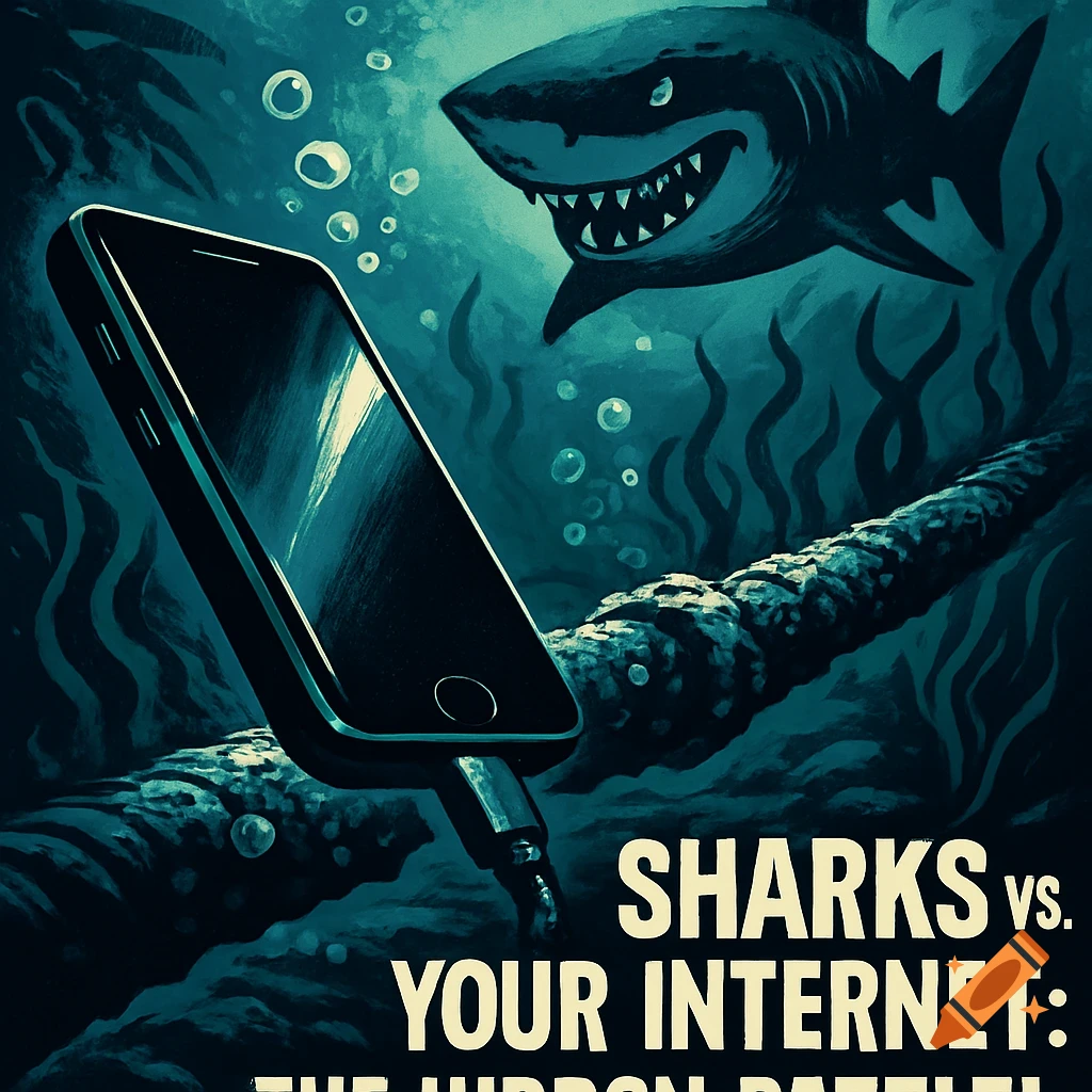 High-contrast illustration of a smartphone connected to an underwater cable, menaced by a cartoon shark, with text: 'Sharks vs. Your Internet: The Hidden Battle!'