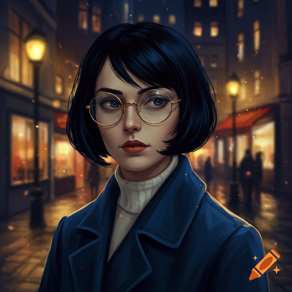A stylized digital painting of a woman with short black hair and round glasses in a blue coat, standing on a lit city street at night.
