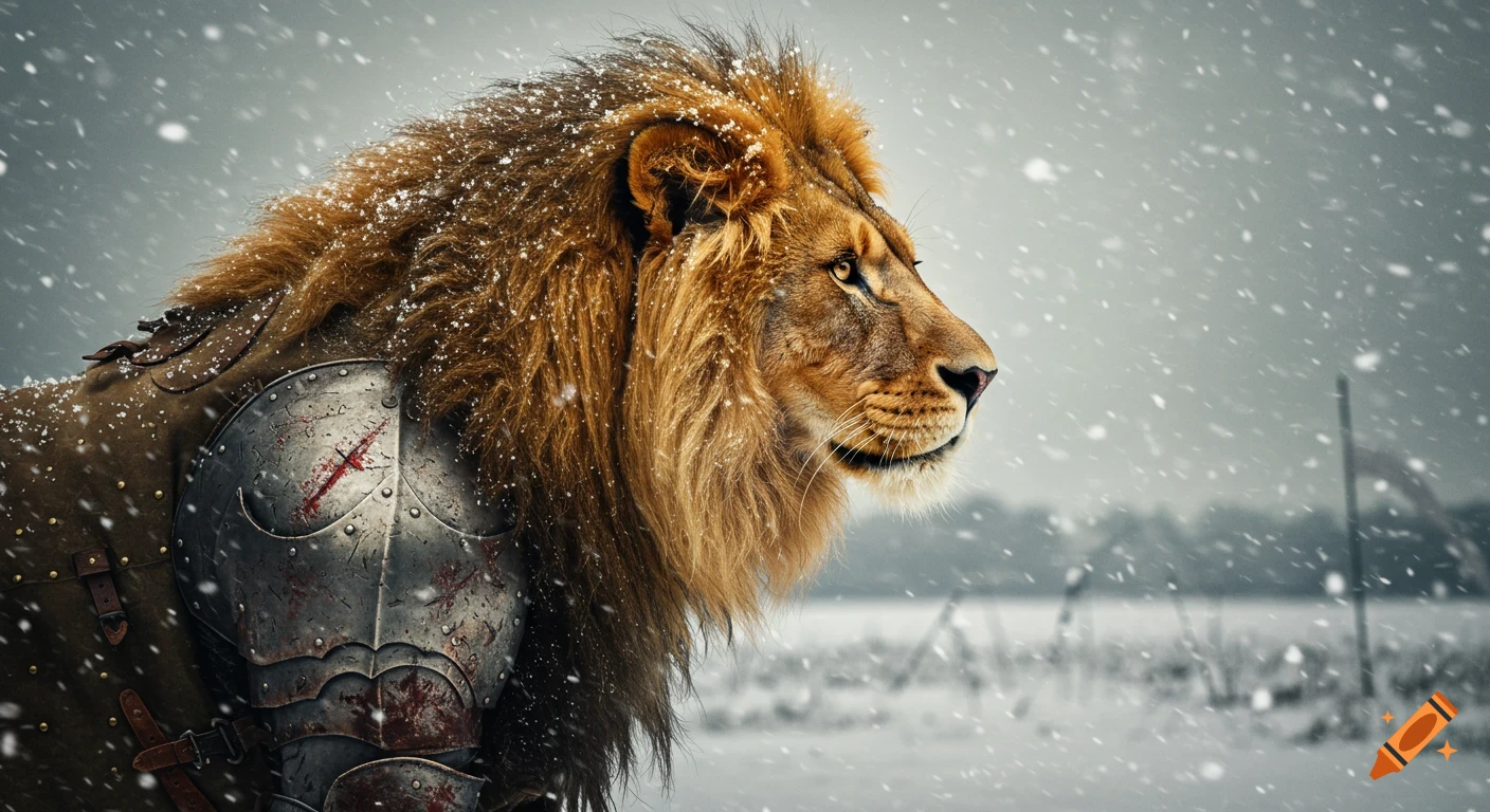 A majestic lion in weathered medieval armor stands in profile in a snowy winter battlefield, with snow falling around it.