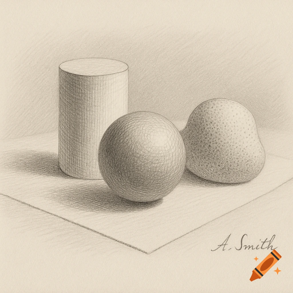 Pencil drawing of a still life with a cylinder, a sphere, and a pear, using hatching and cross-hatching, signed 'A. Smith'.