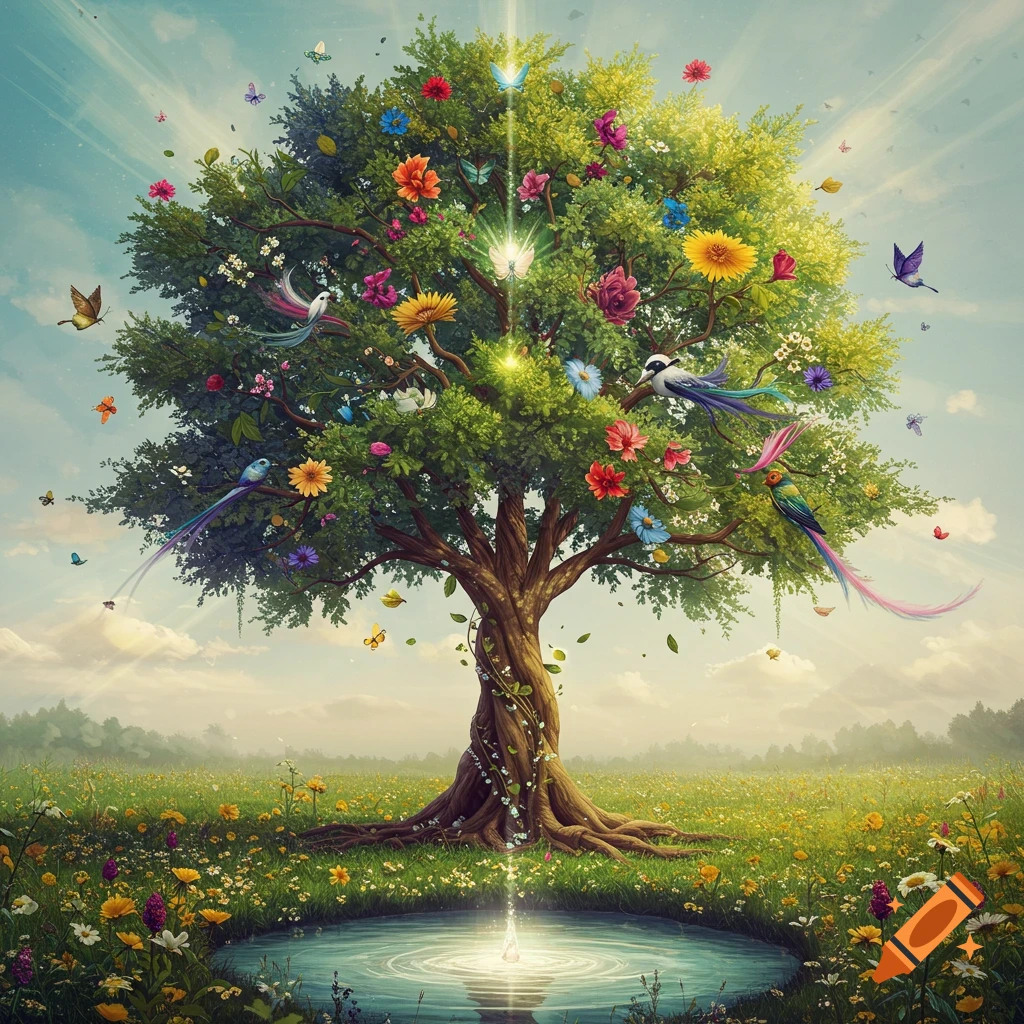 A vibrant fantasy tree bursts with colorful flowers, birds, and butterflies, glowing magically above a shimmering pond in a lush field.