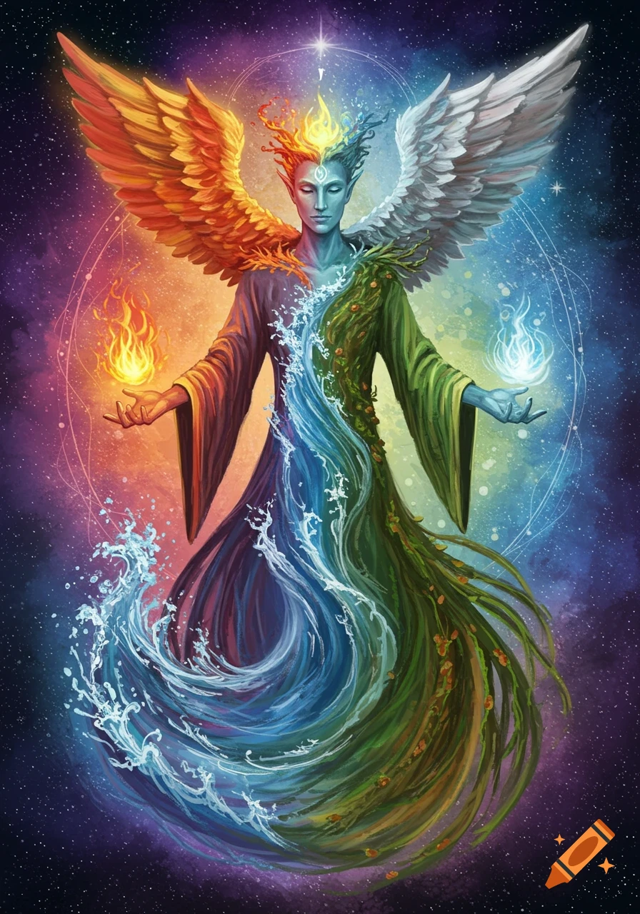 Vibrant digital art of an elemental angel-like being, split with fire, water, earth, and air elements, holding glowing orbs against a starry sky.