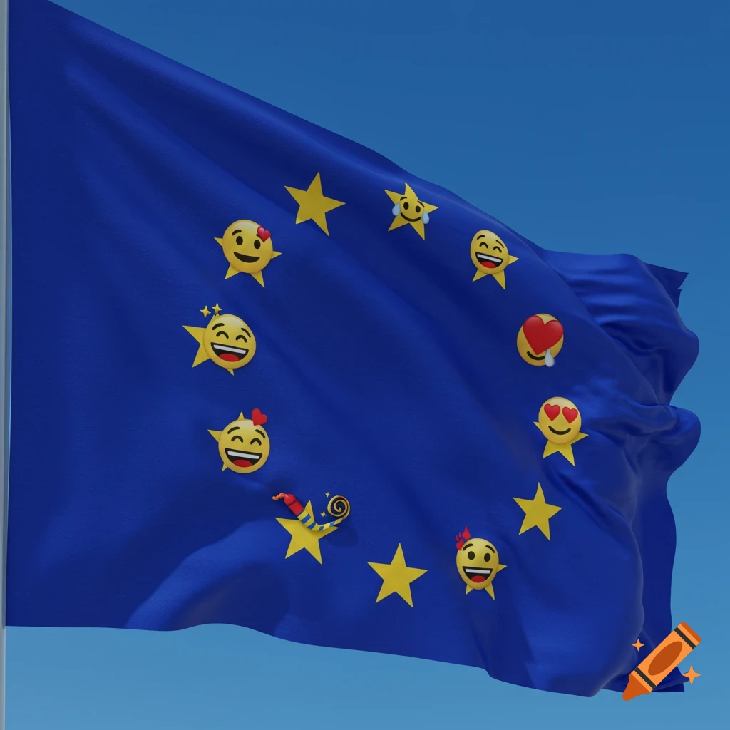 A European Union flag with its twelve stars replaced by various expressive emojis, waving against a clear blue sky.