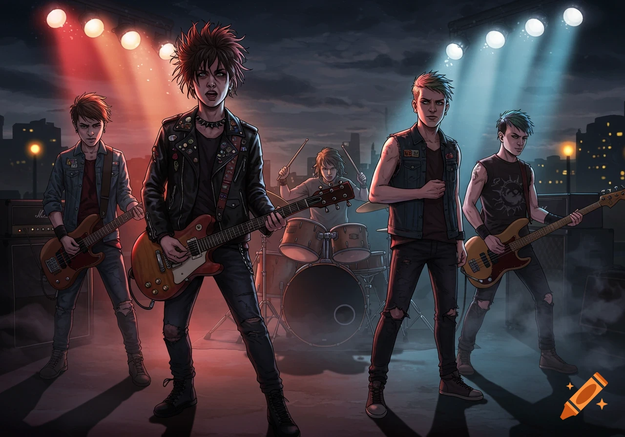 An illustrated alt rock band with four young men performing on a stage under red and blue spotlights, with a city skyline in the background.