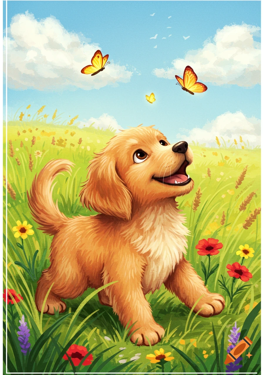 A happy, fluffy cartoon puppy looks up at orange butterflies in a sunny green meadow with colorful flowers under a blue sky.