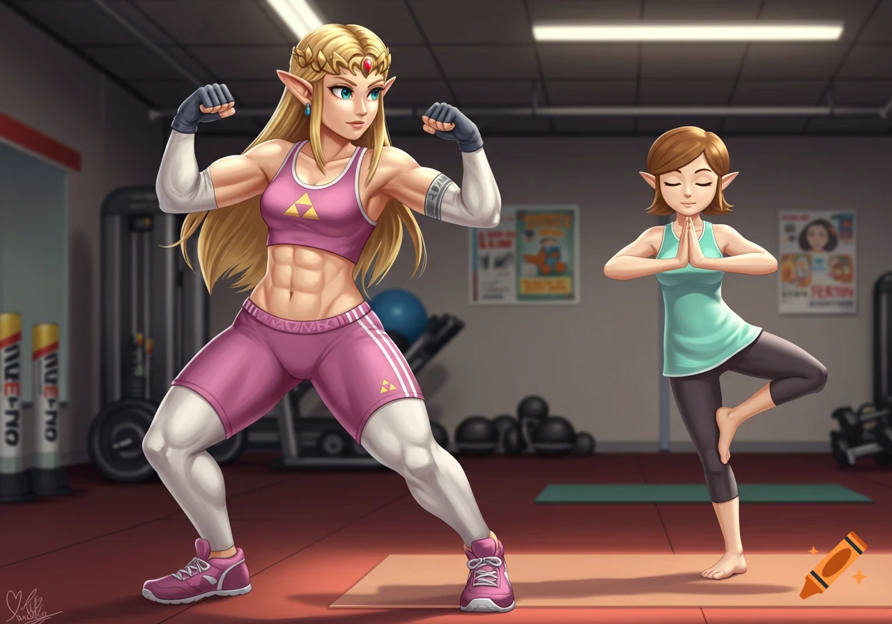Princess Zelda flexes her muscles in a gym while Wii Fit Trainer performs a yoga pose next to her, in a cartoon style.