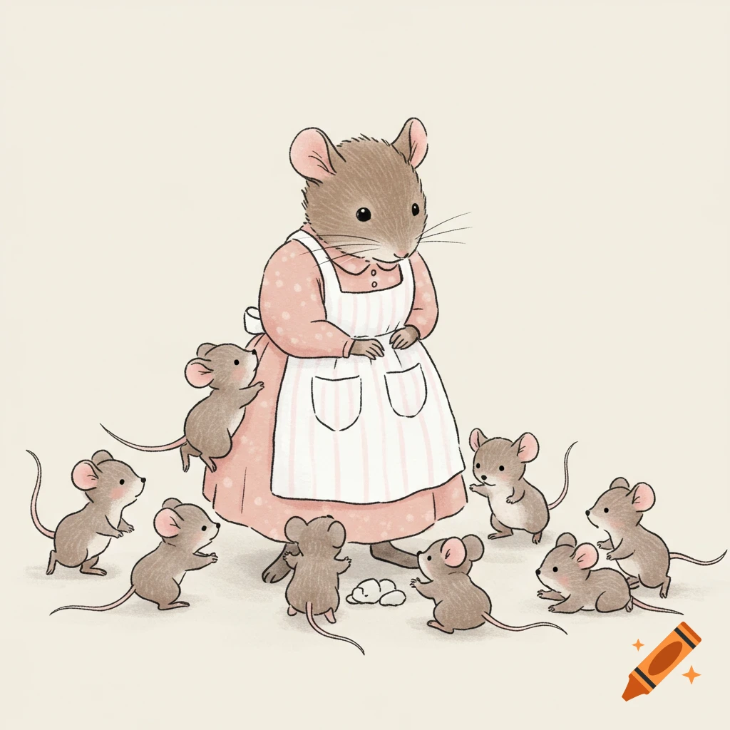 A mother mouse in an apron surrounded by baby mice in a simple children's book illustration.