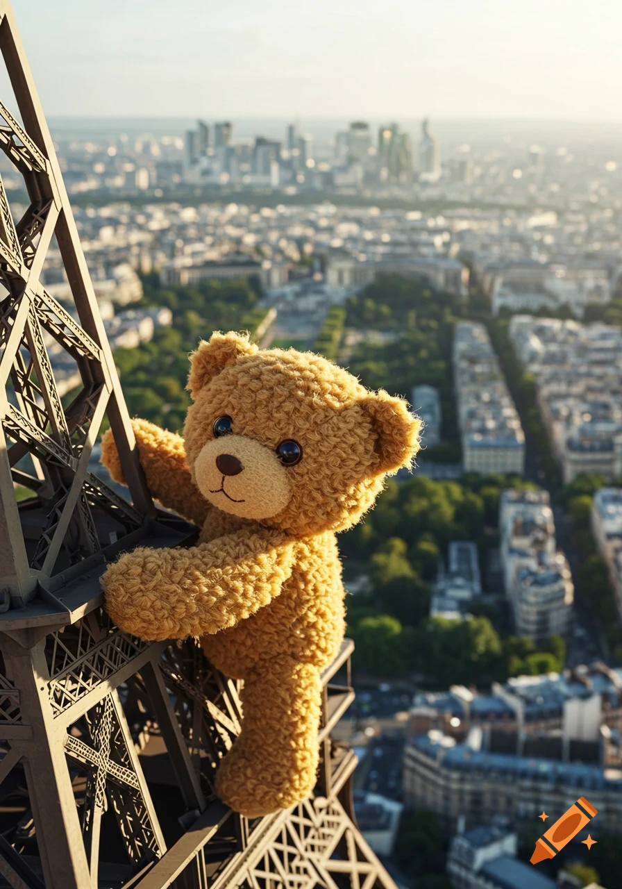 A fluffy brown teddy bear climbs the Eiffel Tower, with a photorealistic cityscape of Paris in the background.