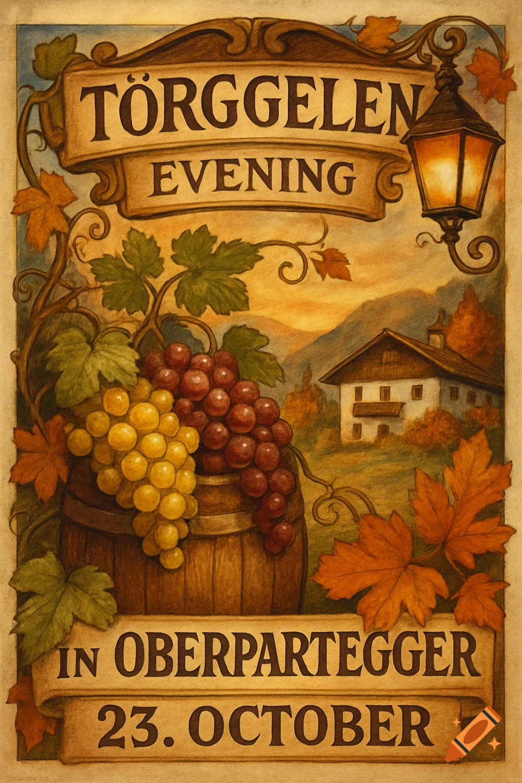 Vintage poster for a Törggele event with grapes on a barrel, autumn leaves, a lantern, and a farmhouse in a valley.
