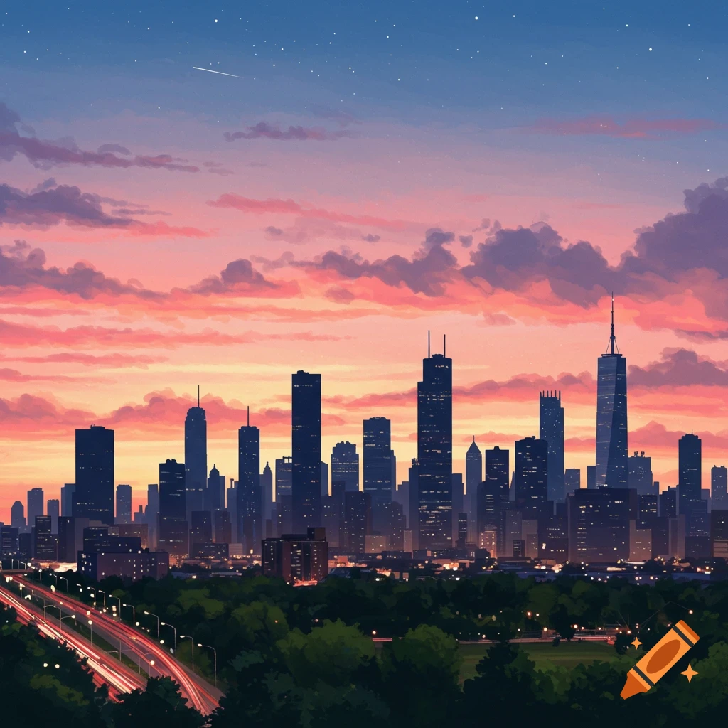 Anime-style cityscape at sunset with a vibrant pink and orange sky, towering buildings, and red light trails on a highway.
