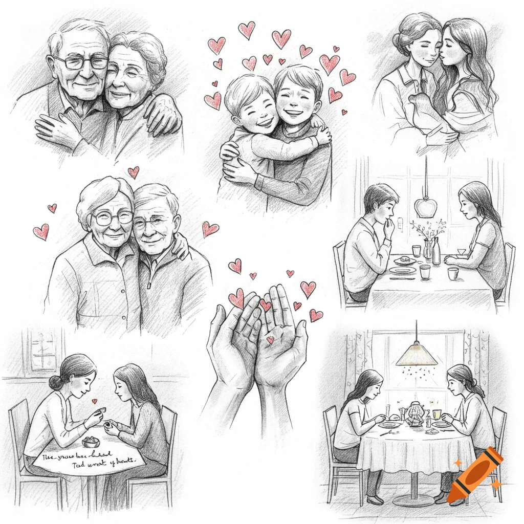 Pencil sketch collage depicting loving relationships between people of different ages, adorned with red hearts.