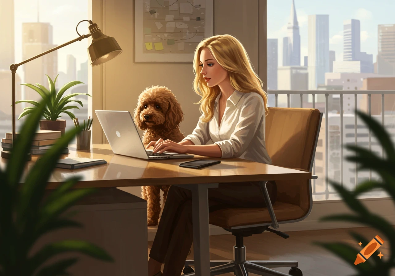 Blonde woman works on laptop with brown poodle at sunlit desk, city view, digital art.
