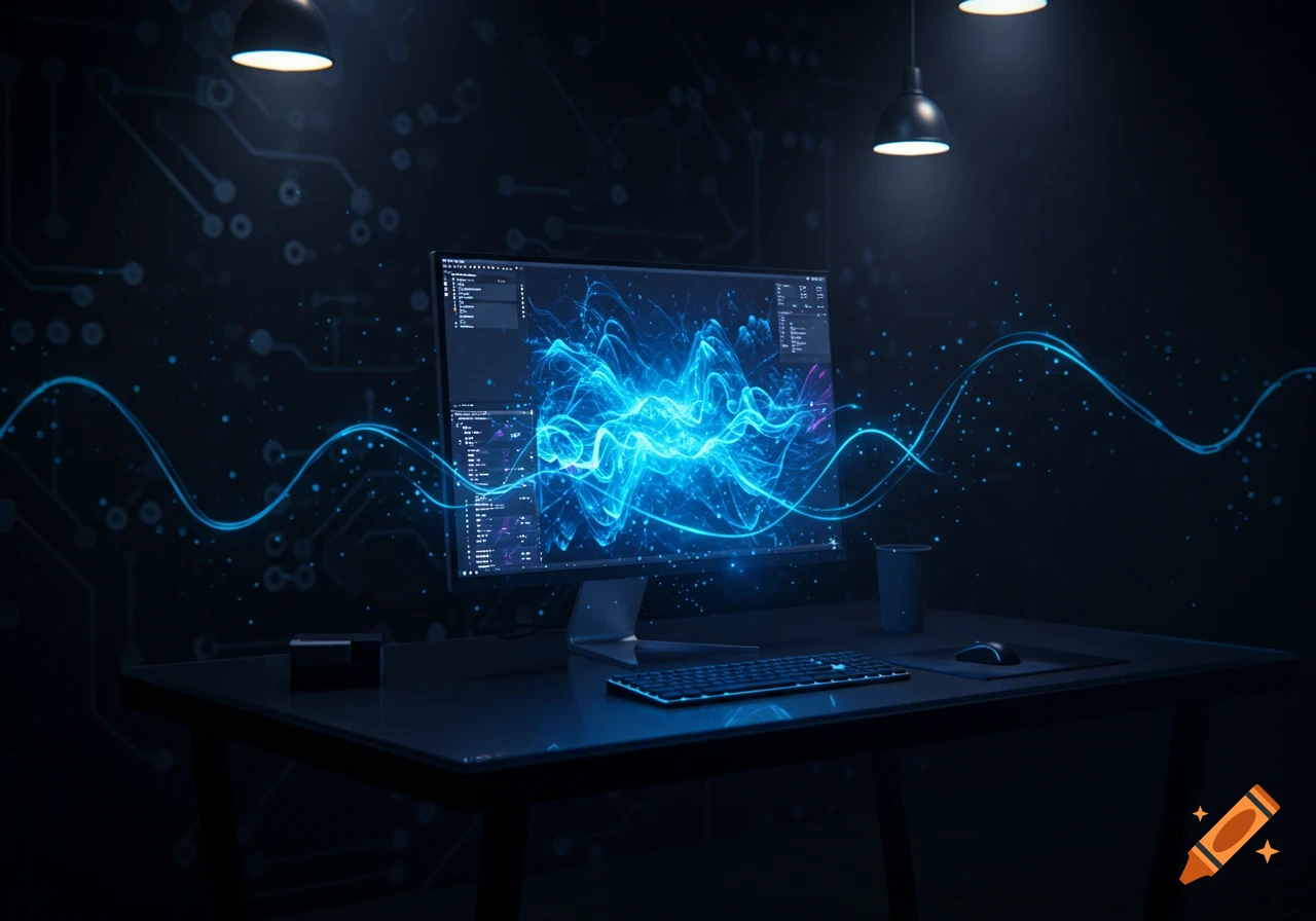 A dark desk with a computer monitor displaying glowing blue abstract wave patterns, a keyboard, and mouse.