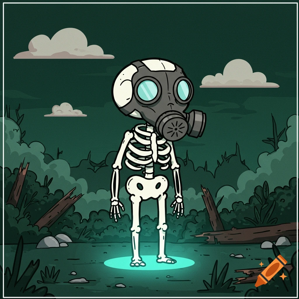 Cartoon illustration of a skeleton wearing a gas mask, standing on a glowing platform in a dark, eerie forest.