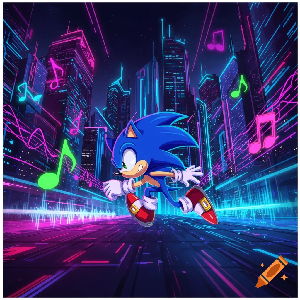 Sonic the Hedgehog runs through a neon-lit cyberpunk city with floating music notes.
