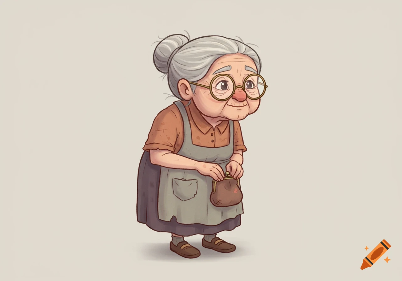 Cartoon illustration of an elderly woman with gray hair in a bun, round  glasses, and an apron, holding a coin purse. on Craiyon, image size:1280x896