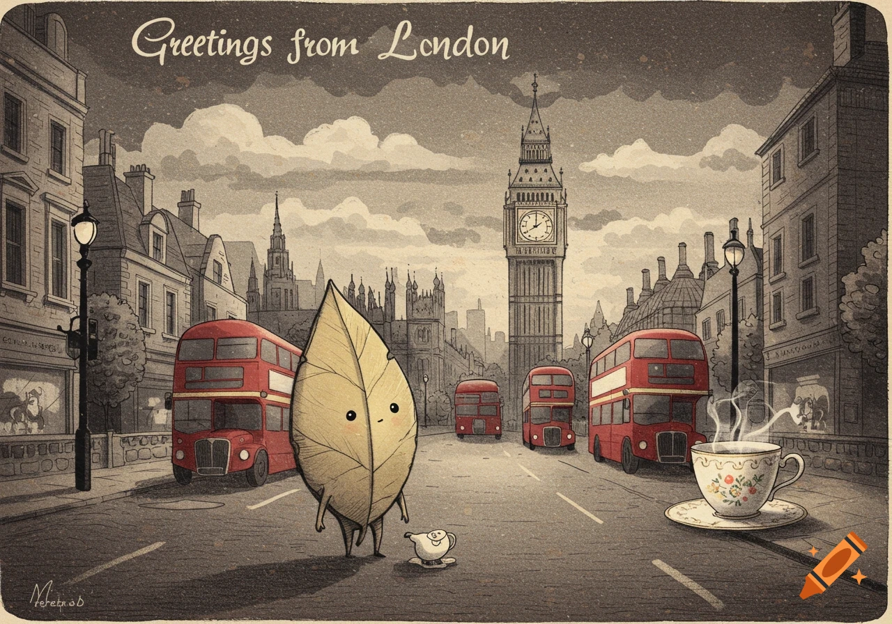 Vintage illustration of a leaf creature in London with Big Ben, red buses, and a teacup. Text: 'Greetings from London'.