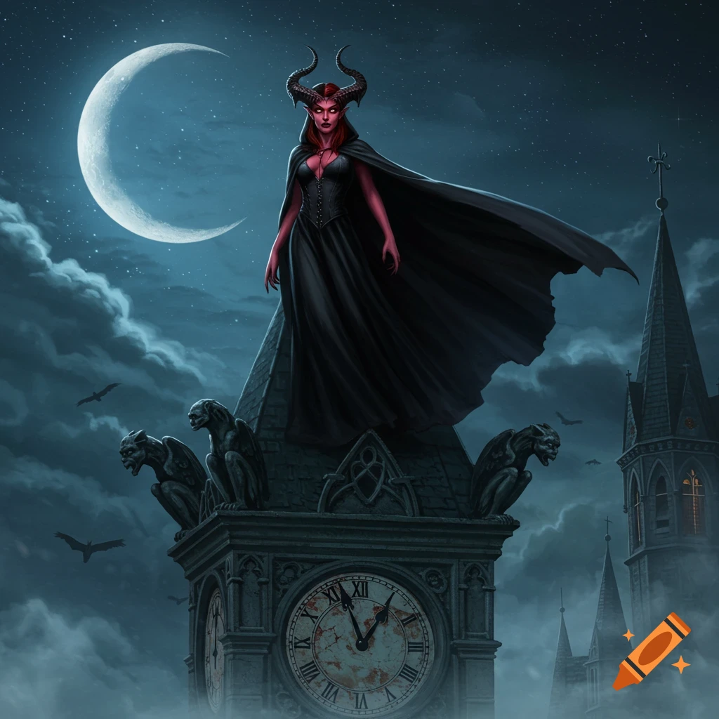 A red-skinned demon woman with horns and a black cape stands on a gothic clock tower with gargoyles under a crescent moon.