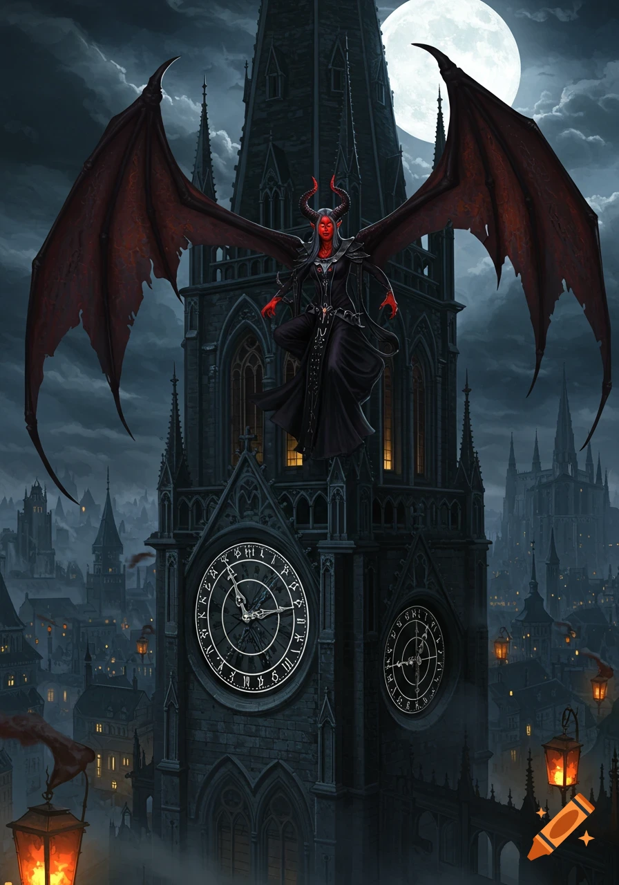 A red-faced demon with large bat wings and horns stands on a gothic clock tower overlooking a dark city at night under a full moon.