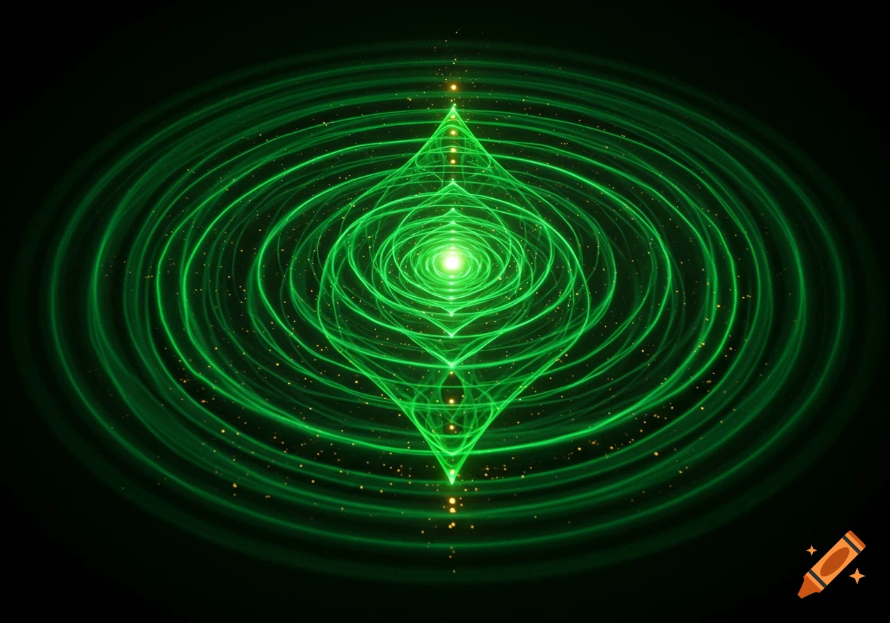 Glowing green abstract pattern of concentric circles and diamond shapes with golden speckles on a dark background.