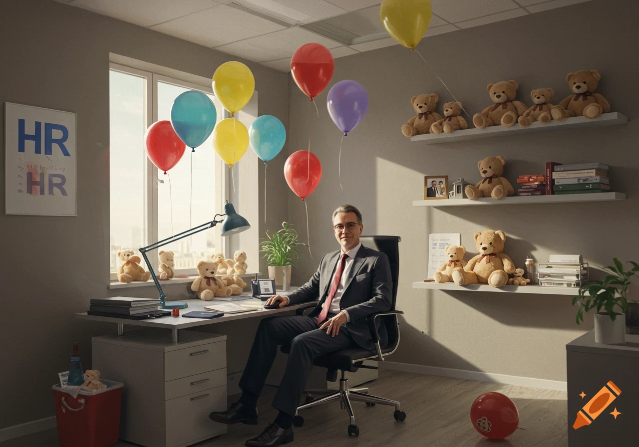 A man in a suit sits at a desk in an office decorated with colorful balloons and numerous teddy bears on shelves.