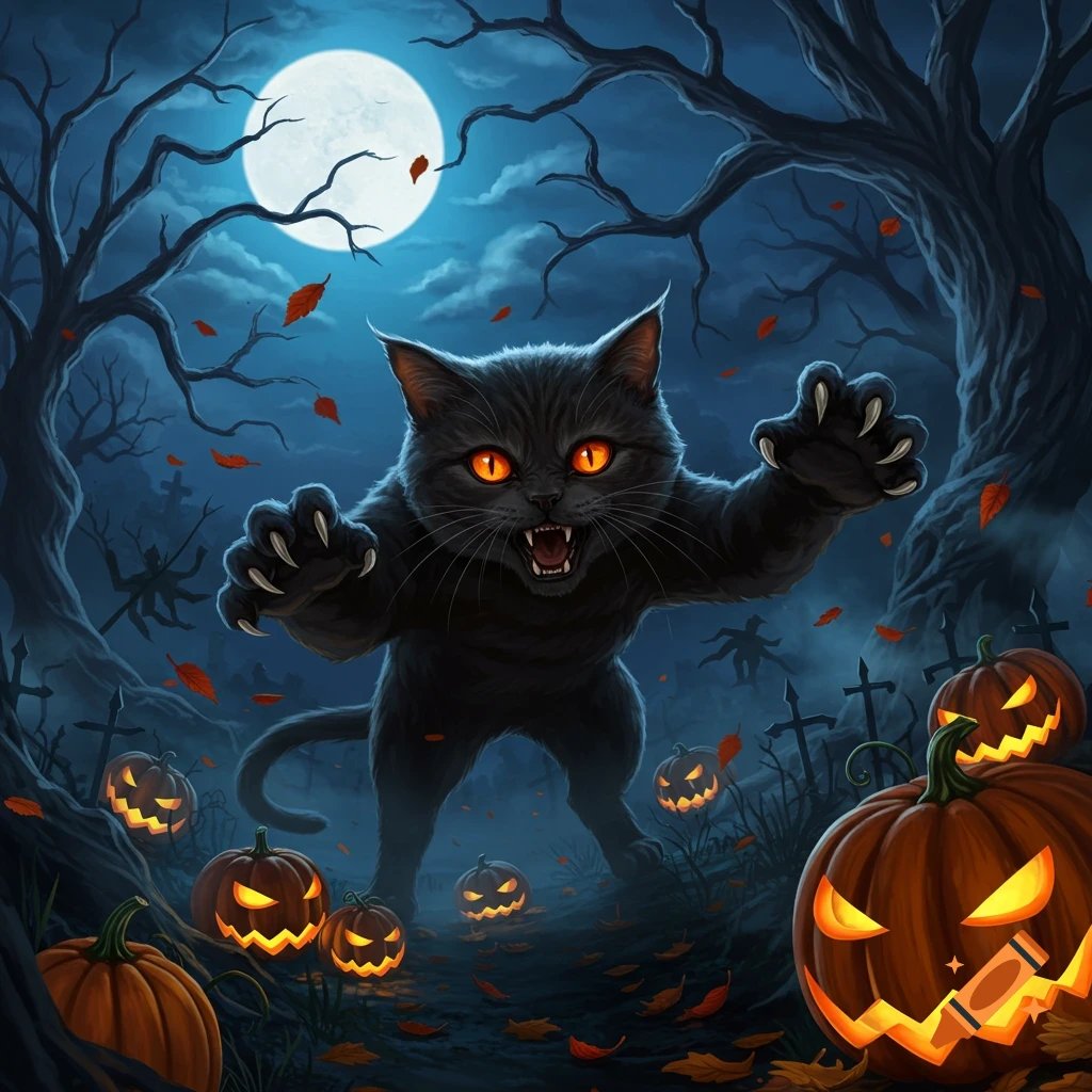 An angry black cat with glowing orange eyes stands among jack-o'-lanterns and gravestones in a spooky, moonlit Halloween forest illustration.