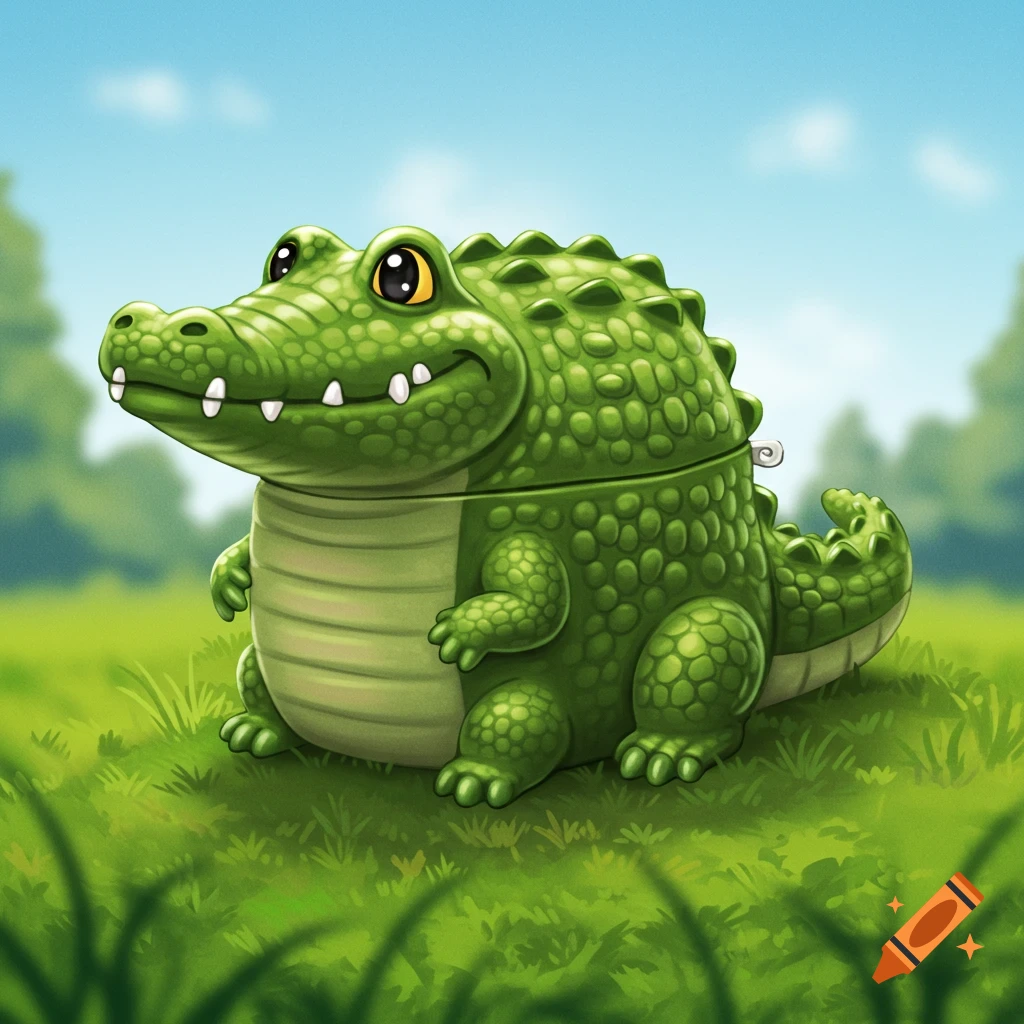 A cute green cartoon crocodile-shaped gum case sits in a grassy outdoor setting under a blue sky.