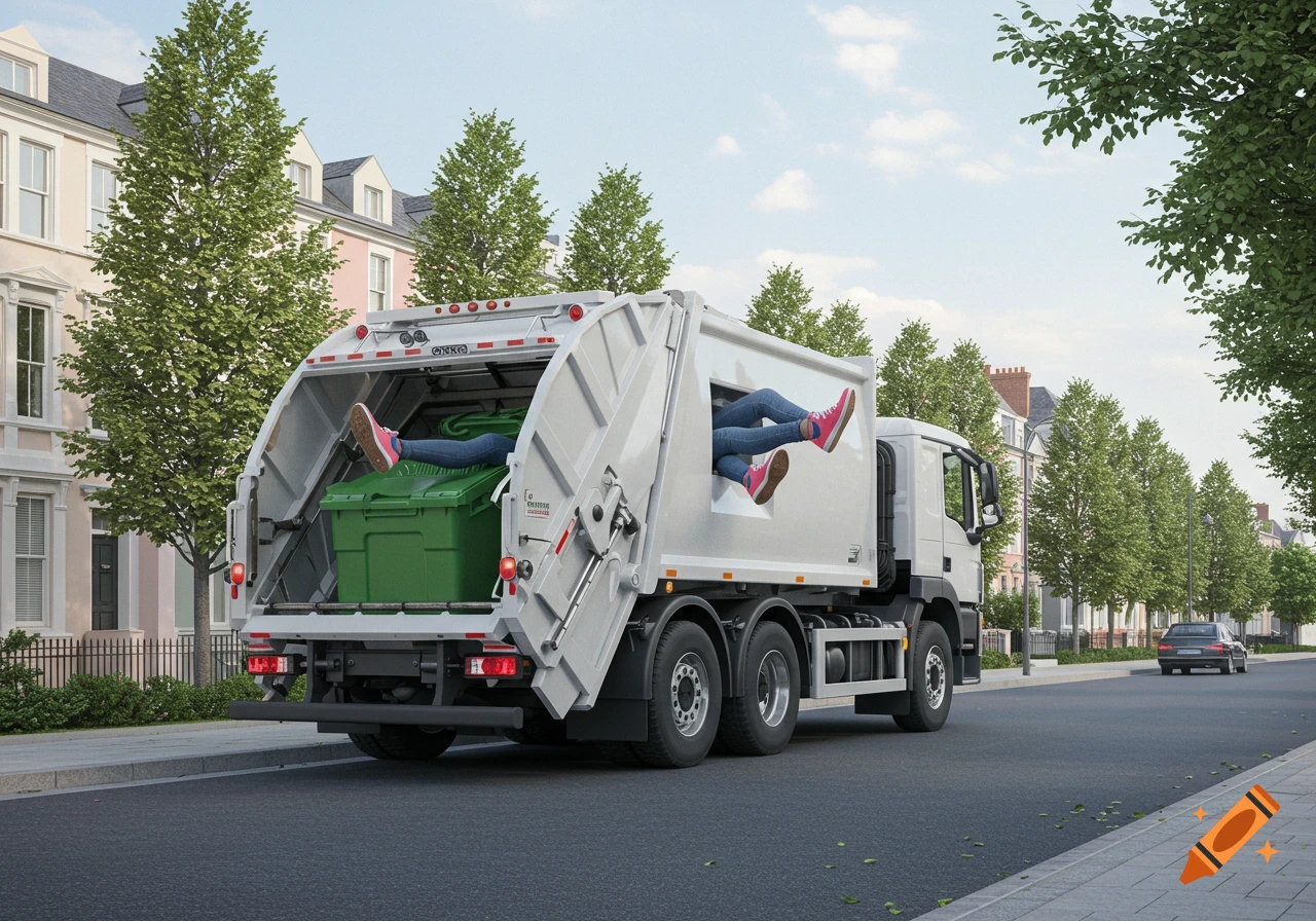 A photorealistic image of a white garbage truck driving down a street with two pairs of legs in pink sneakers sticking out of its rear and side openings.