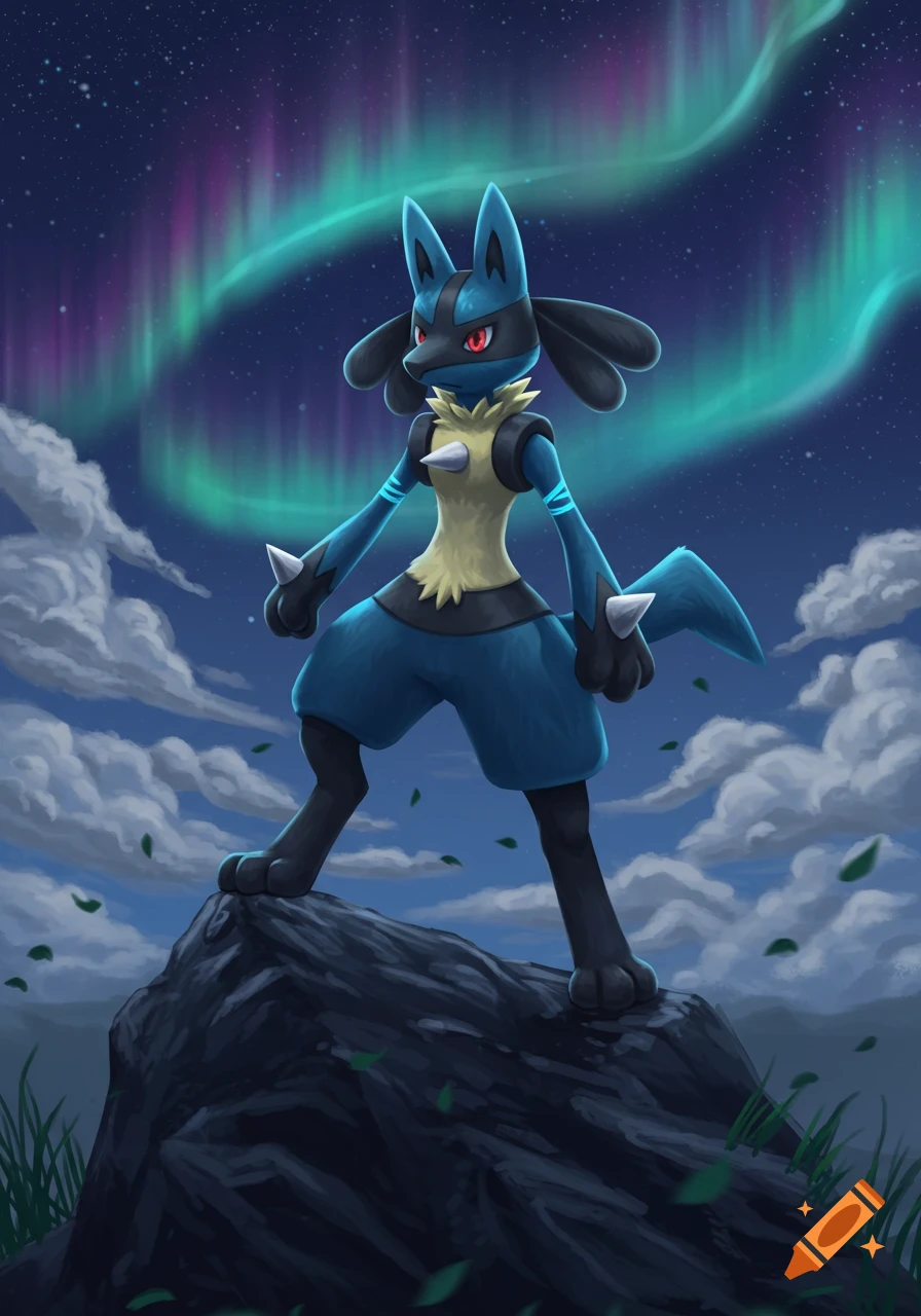 Lucario stands heroically on a rock under a starry night sky with a vibrant aurora borealis.